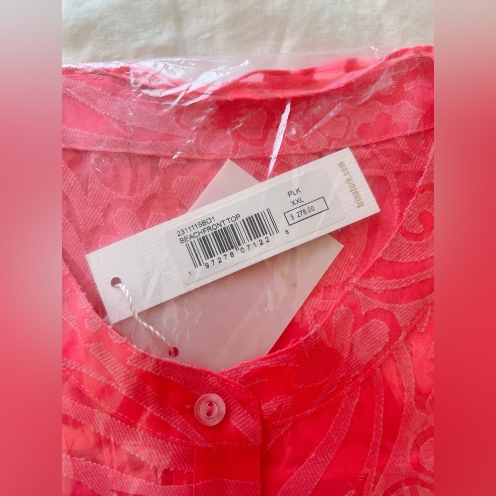 Trina Turk Beachfront Sheer Burnout Band Collar Short Sleeve Ruffle Top - Picture 5 of 5